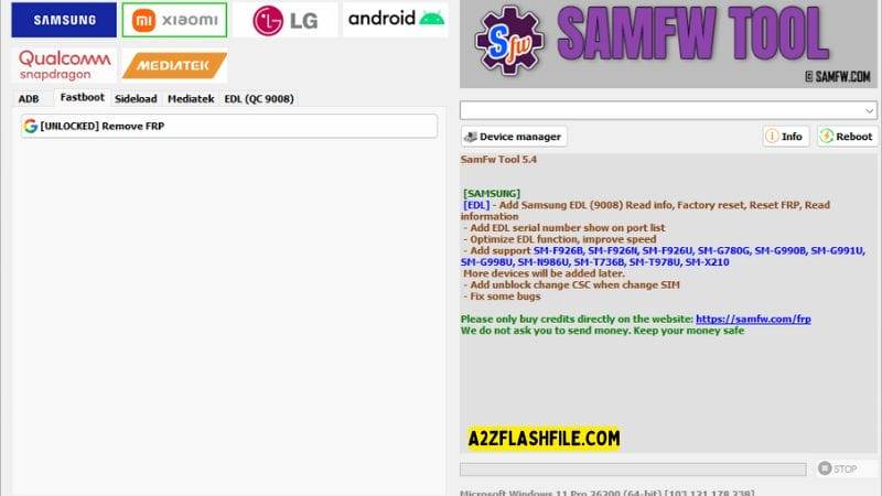 Samfw tools 5. 4 for frp removal on samsung xiaomi & lg phones 10 Samfw tool showing the unlocked option for frp removal.