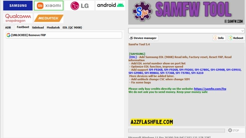 Samfw tools 5. 4 for frp removal on samsung xiaomi & lg phones 10 Samfw tool showing the unlocked option for frp removal.