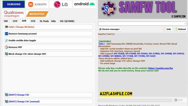 Samfw tools 5. 4 for frp removal on samsung xiaomi & lg phones 4 Samfw tool showing options to remove samsung account change sn and manage csc.