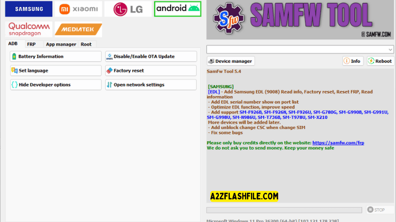Samfw tools 5. 4 for frp removal on samsung xiaomi & lg phones 17 Samfw tool showing options for battery information ota update settings and enabling / disabling developer options.