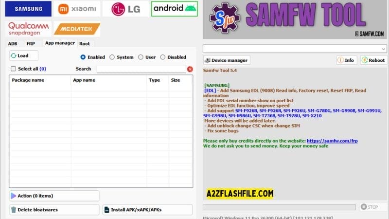 Samfw tools 5. 4 for frp removal on samsung xiaomi & lg phones 19 Samfw tool showing options for managing apps including enabling/disabling apps and installing apks.