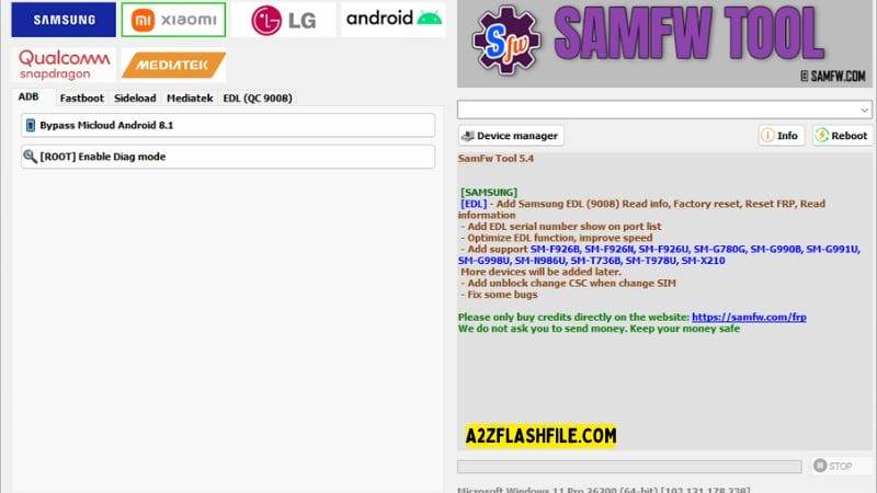 Samfw tools 5. 4 for frp removal on samsung xiaomi & lg phones 9 Samfw tool showing options for bypassing micloud on android 8. 1 and enabling diag mode.