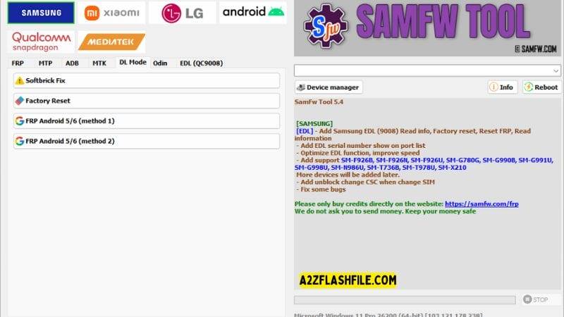Samfw tools 5. 4 for frp removal on samsung xiaomi & lg phones 6 Samfw tool showing options for softbrick fix factory reset and frp methods for android 5/6.