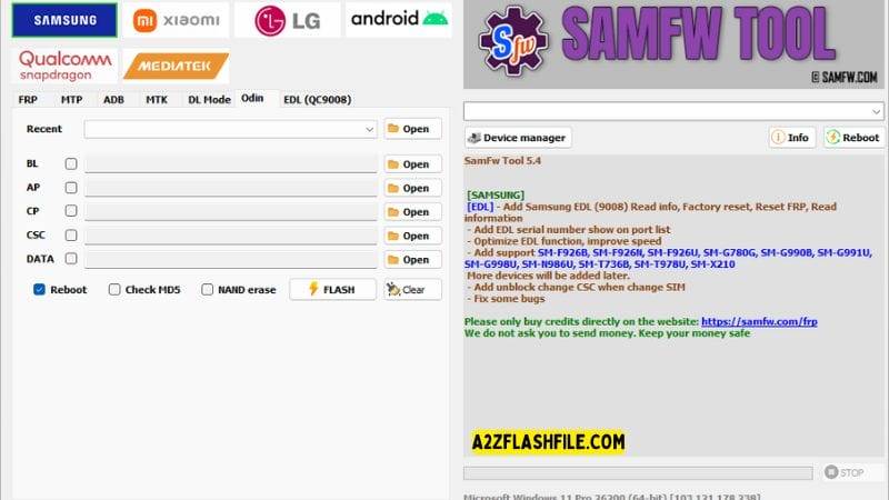 Samfw tools 5. 4 for frp removal on samsung xiaomi & lg phones 7 Samfw tool showing options for flashing rebooting and opening files like bl ap cp csc and data.