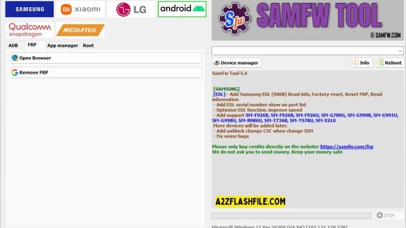 Samfw tools 5. 4 for frp removal on samsung xiaomi & lg phones 18 Samfw tool showing options for opening a browser and removing frp.