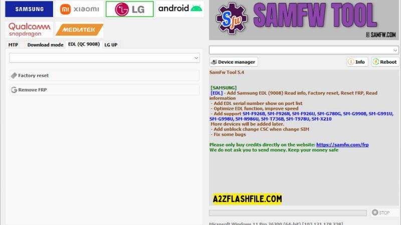 Samfw tools 5. 4 for frp removal on samsung xiaomi & lg phones 15 Samfw tool showing options for factory reset and frp removal on lg devices.
