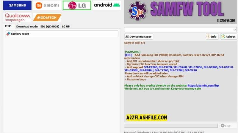 Samfw tools 5. 4 for frp removal on samsung xiaomi & lg phones 14 Samfw tool showing the option for performing a factory reset on an lg device.
