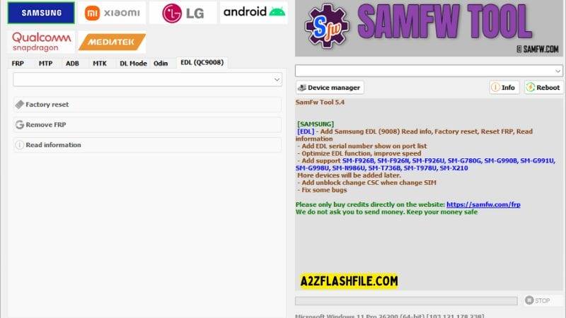 Samfw tools 5. 4 for frp removal on samsung xiaomi & lg phones 8 Samfw tool showing options for factory reset frp removal and reading device information.