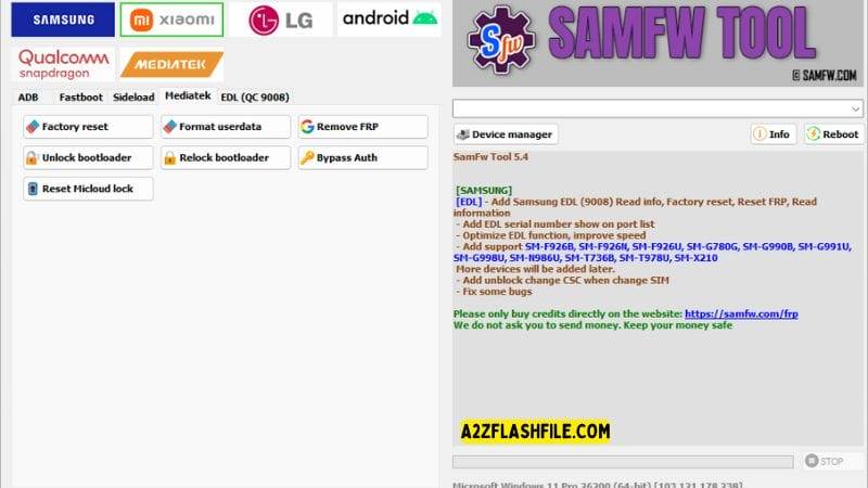 Samfw tools 5. 4 for frp removal on samsung xiaomi & lg phones 12 Samfw tool showing options for factory reset frp removal unlocking/relocking bootloader and bypassing micloud lock.
