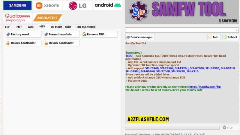 Samfw tools 5. 4 for frp removal on samsung xiaomi & lg phones 5 Samfw tool showing options for factory reset format userdata unlock bootloader and remove frp.