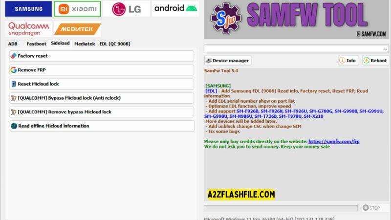 Samfw tools 5. 4 for frp removal on samsung xiaomi & lg phones 11 Samfw tool showing options for resetting micloud lock bypassing micloud and reading offline micloud information.