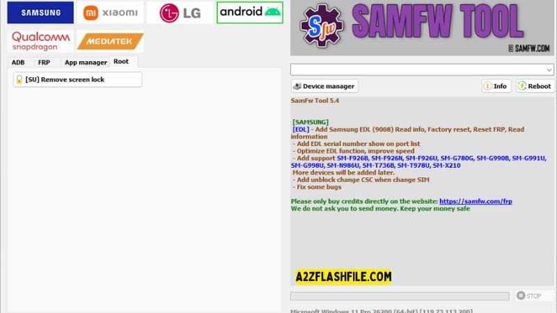 Samfw tools 5. 4 for frp removal on samsung xiaomi & lg phones 20 Samfw tool showing the option to remove screen lock on android devices.