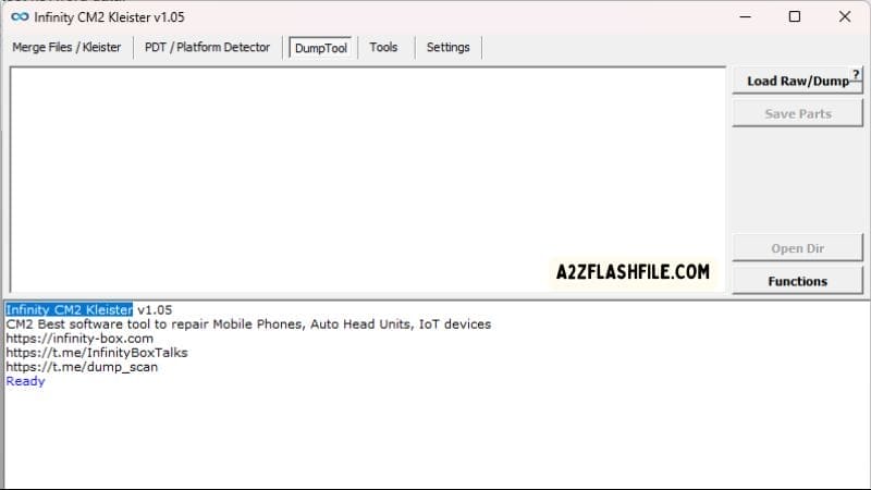 Infinity cm2 kleister tool latest version free download 4 Infinity cm2 kleister tool dumptool tab showing the load raw dump and save parts options.