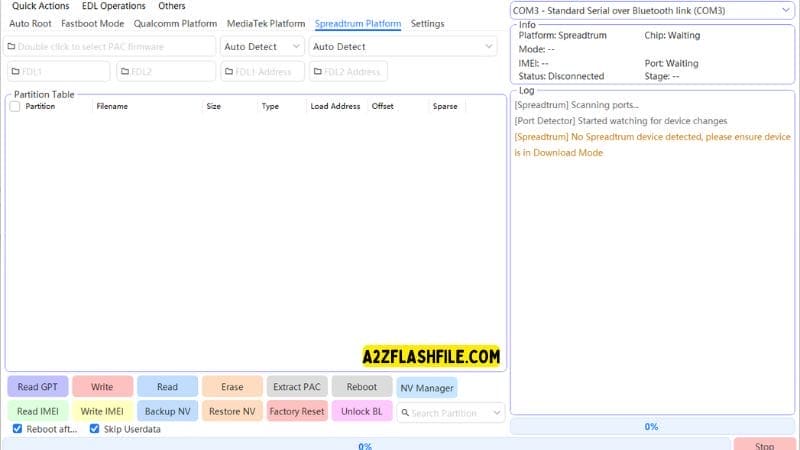 Multiflash tool spreadtrum tab showing write imei unlock bootloader and extract pac features.