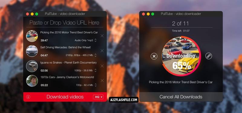 Pulltube tool mac interface showing 4k video downloads and mp3 audio extraction.
