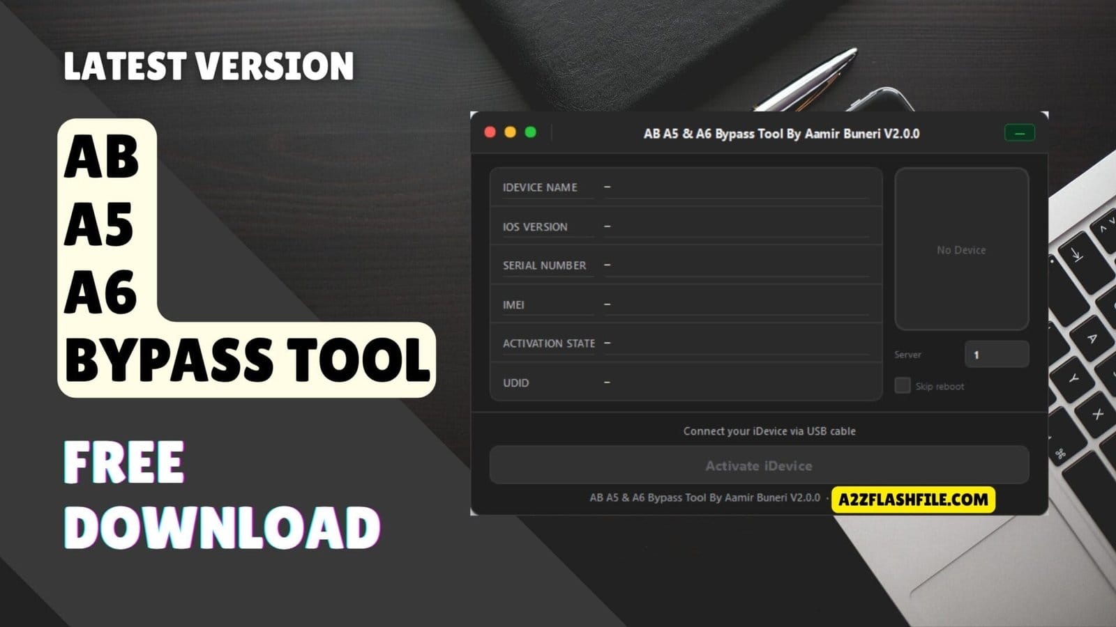 Software interface of the ab a5 & a6 bypass tool showing a successful untethered icloud unlock for older apple devices.