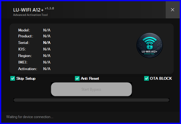 Lu-wifi a12+ tool v. 1. 3. 8 latest versions free download 2 Lu-wifi a12+ tool interface showing advanced activation tool with bypass options and device connection status.