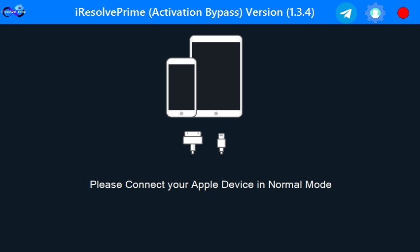 Iresolveprime ultimate guide to bypass icloud activation lock 2 Iresolveprime activation bypass version 1. 3. 4 interface prompting the user to connect an apple device.