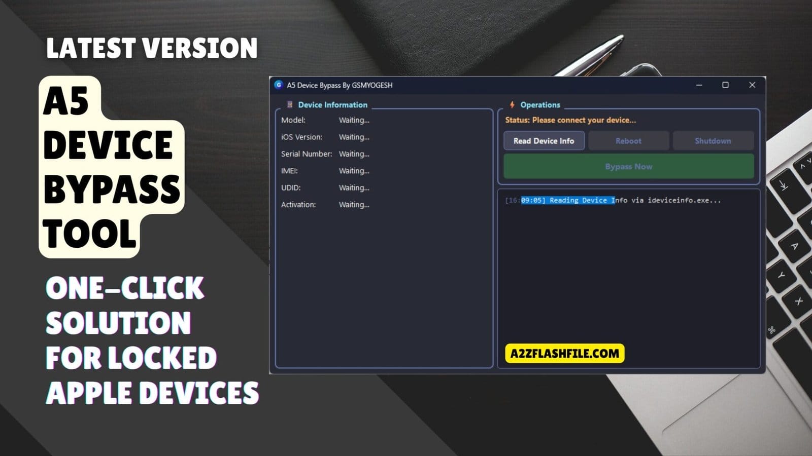 A5 device bypass tool - one-click solution for locked apple devices 1 A5 device bypass tool software interface displaying one-click bypass button and device information for iphone 4s ipad 2 and compatible a5 chip devices