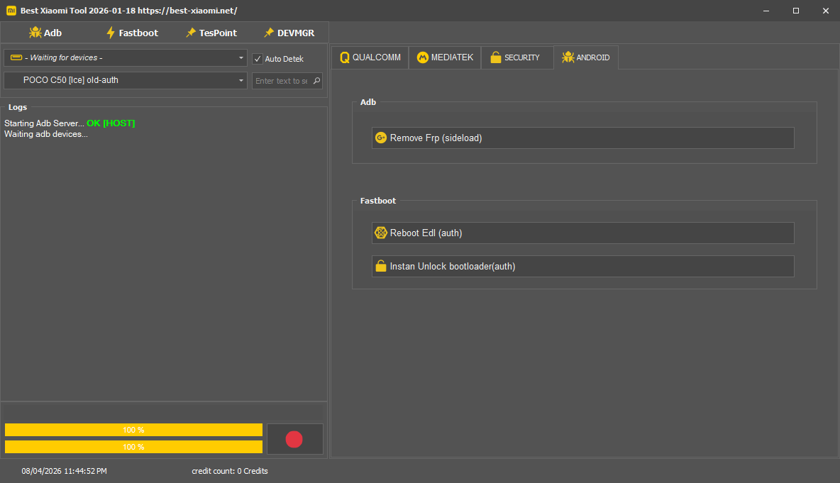 Best xiaomi tool 2026 android tab showing adb remove frp sideload and fastboot reboot edl auth and instant unlock bootloader options for poco c50