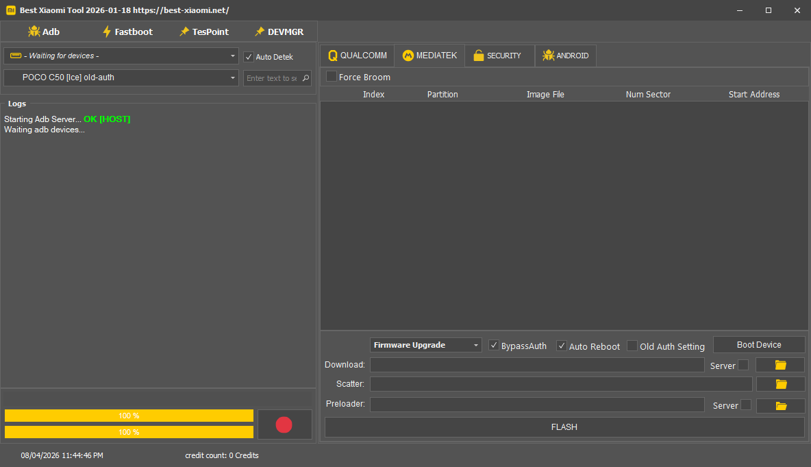 Best xiaomi tool 2026 mediatek tab showing firmware upgrade bypassauth auto reboot scatter preloader fields and flash button for poco c50