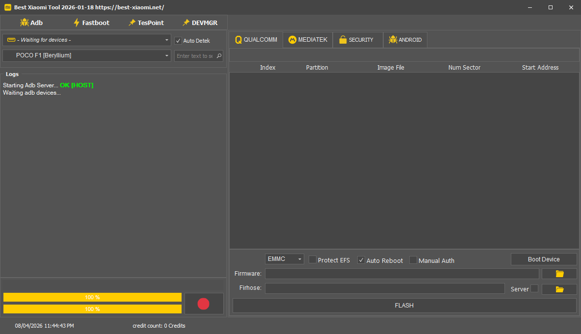Best xiaomi tool 2026 interface showing qualcomm tab with partition table emmc protect efs auto reboot firmware firhose fields and flash button