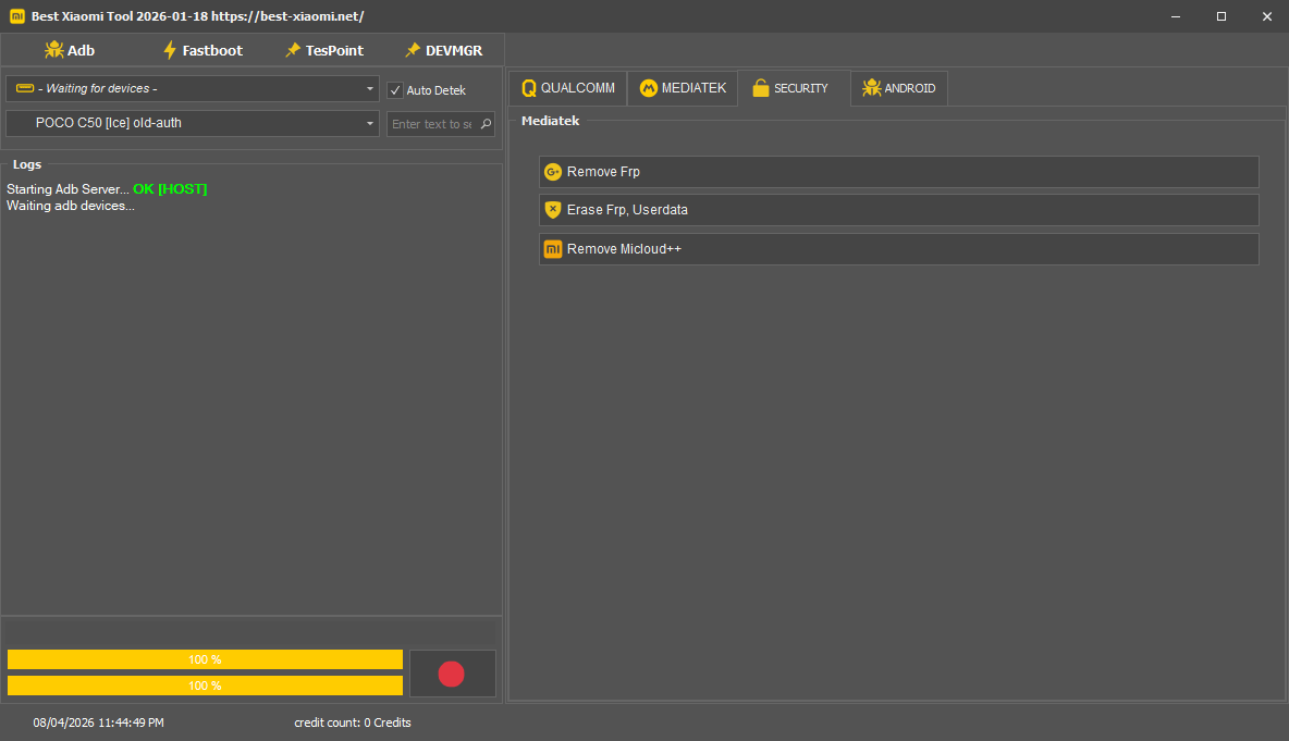Best xiaomi tool 2026 security tab showing mediatek options remove frp erase frp userdata and remove micloud++ for poco c50