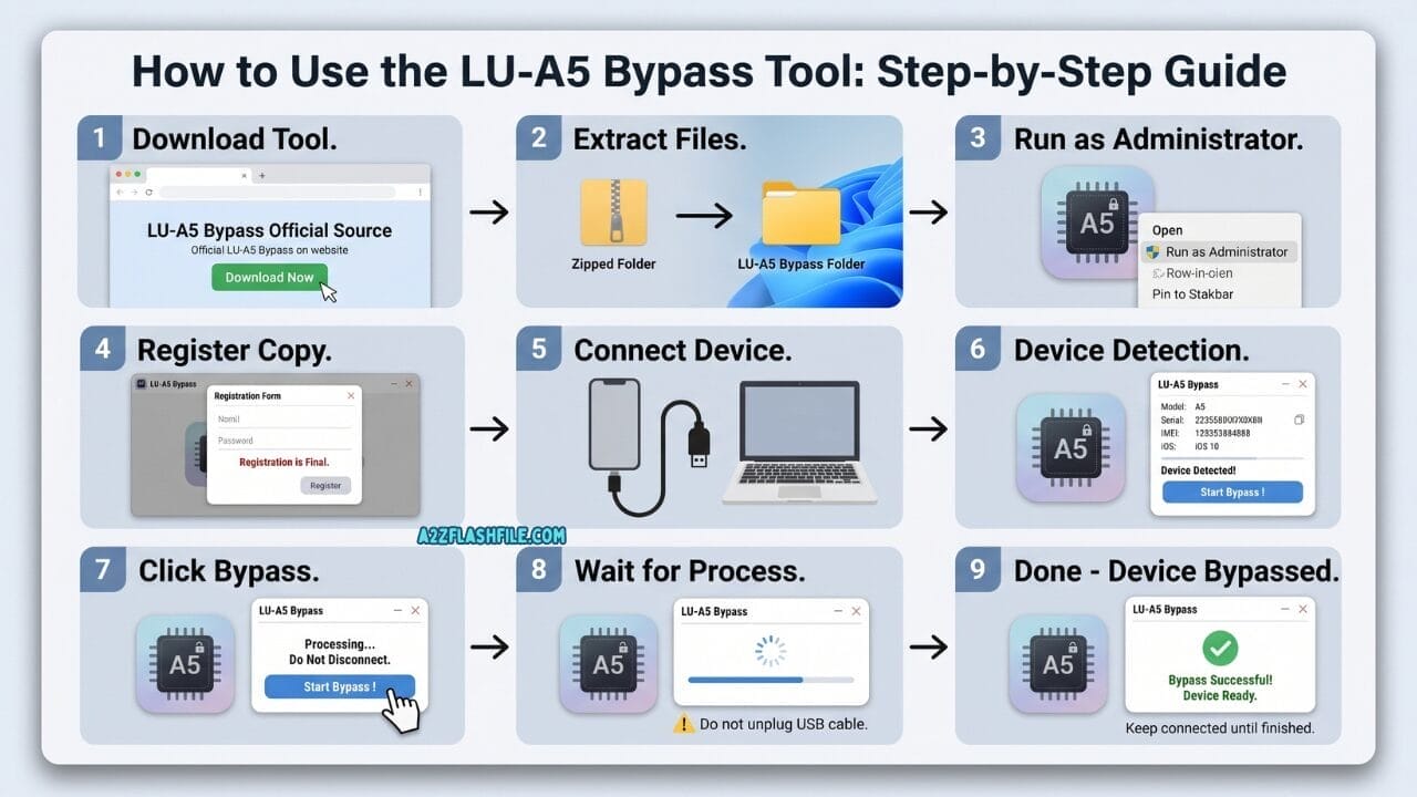 How to use lu a5 bypass tool step by step guide showing 9 steps from download to device bypassed successfully