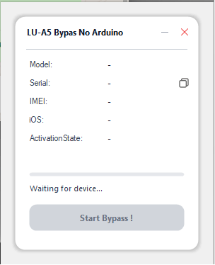 Lu a5 bypass tool interface showing waiting for device screen with model serial imei ios and activationstate fields before bypass starts